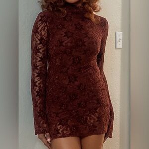 ZARA SOFT TOUCH LACE SHORT DRESS in Burgundy.